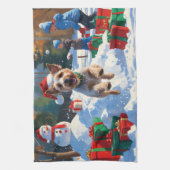 ワイヤーキツネテリア走ーのクリスマス帽子と雪 キッチンタオル (縦)