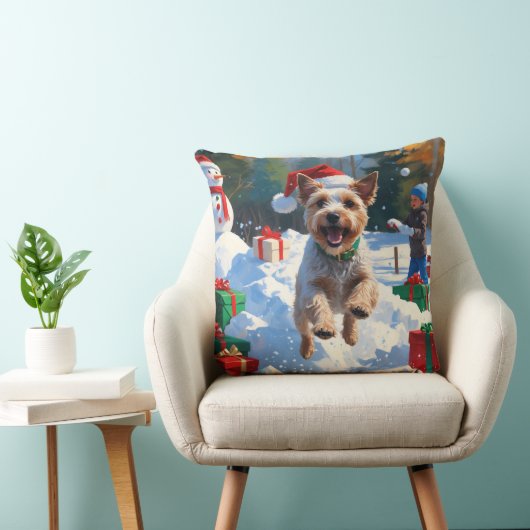 ワイヤーキツネテリア走ーのクリスマス帽子と雪 クッション (椅子)