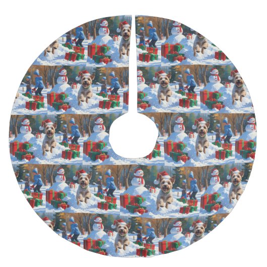 ワイヤーキツネテリア走ーのクリスマス帽子と雪 ブラッシュドポリエステルツリースカート (正面)