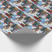 ワイヤーキツネテリア走ーのクリスマス帽子と雪 ラッピングペーパー (角)