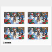 ワイヤーキツネテリア走ーのクリスマス帽子と雪 長方形シール (シート)