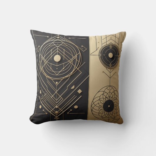 ワイヤード（有線）ジオメトリを黒と金ゴールドクッションで表示 クッション (正面)