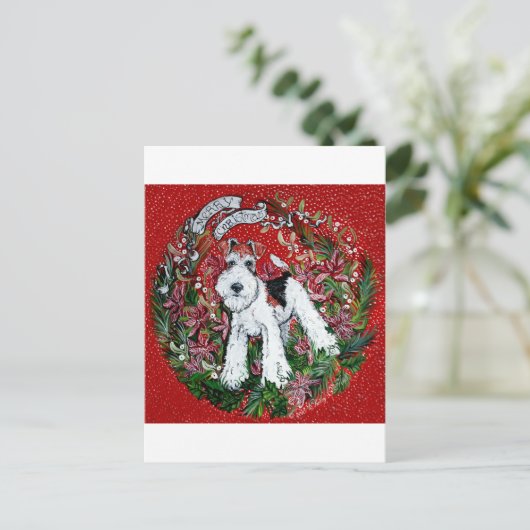 ワイヤーフォックステリア犬のクリスマス シーズンポストカード (スタンド正面)
