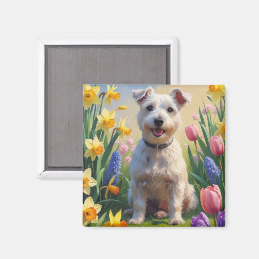 ワイヤーフォックステリエル 犬 春の花 絵画 マグネット (正面/裏面)