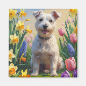 ワイヤーフォックステリエル 犬 春の花 絵画 マグネット (正面)