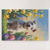 ワイヤーフォックステリー犬春の花の絵画 ジグソーパズル (横)
