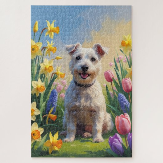 ワイヤーフォックステリー犬春の花の絵画 ジグソーパズル (縦)