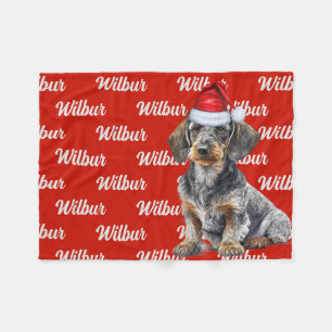 ワイヤーヘアダックスフントのサンタ犬のカスタムネーム クリスマス フリースブランケット