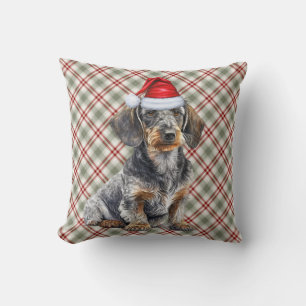 ワイヤーヘアードックスフントとホリデーチェックのクリスマス犬 クッション