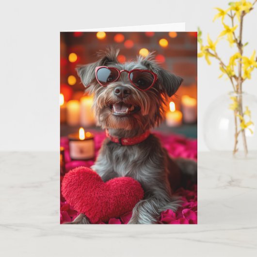 ワイヤーヘアード・ポインティング・グリフォンのハート満載のバレンタインデー カード (黄色い花)