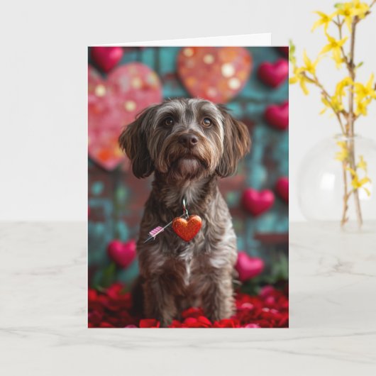 ワイヤーヘアード・ポインティング・グリフォンのハート Valentine's Day カード (黄色い花)
