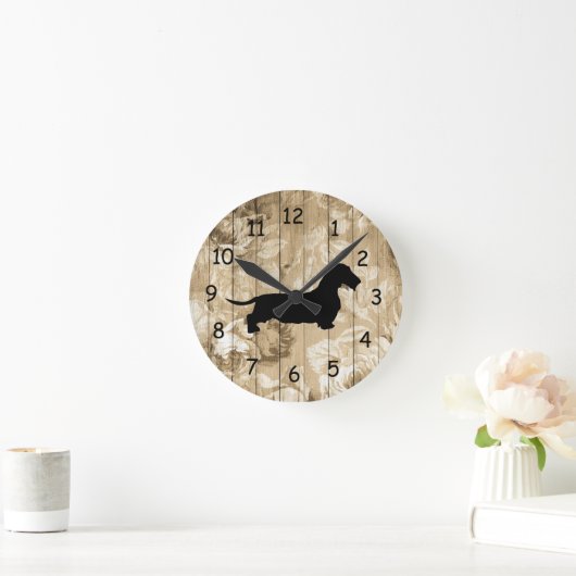 ワイヤーヘアー・ダックスフンドの偽木ウォールクロック ラウンド壁時計 (ホーム)