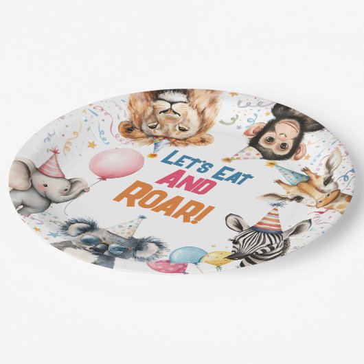 ワイルドおもしろいパーティーアニマルズファースト誕生日サファリ ペーパープレート (アングル)