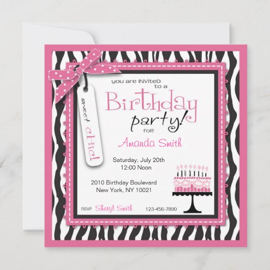 ワイルドお誕生日ケーキカードスクエアピンク 招待状 (裏面)