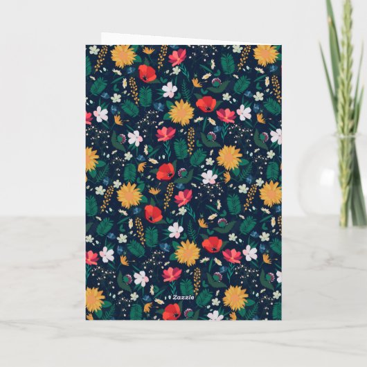 ワイルドかわいらしカラフルフラワーネイビーブルーデザイン サンキューカード (裏面)