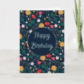 ワイルドかわいらしカラフルフラワーネイビーブルーデザイン サンキューカード (正面)