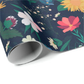 ワイルドかわいらしカラフルフラワーネイビーブルーデザイン ラッピングペーパー (ロールコーナー)
