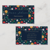 ワイルドかわいらしカラフルフラワーネイビーブルーデザイン 名刺 (正面/裏面)