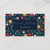 ワイルドかわいらしカラフルフラワーネイビーブルーデザイン 名刺 (正面)