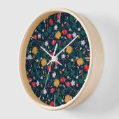 ワイルドかわいらしカラフルフラワーネイビーブルーデザイン 壁時計 (傾斜)