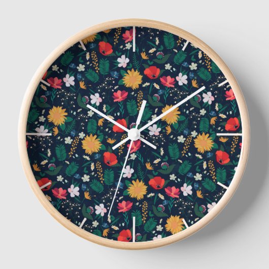 ワイルドかわいらしカラフルフラワーネイビーブルーデザイン 壁時計 (正面)