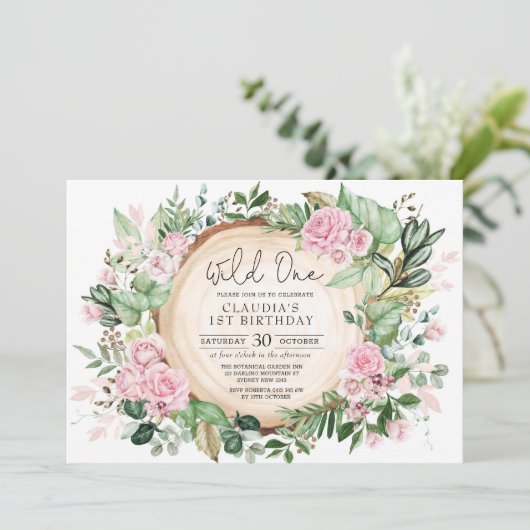 ワイルドかわいらしワンピンク赤面フローラガール誕生日 招待状 (スタンド正面)