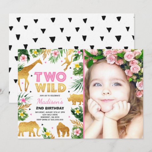 ワイルドすぎる2歳の誕生日パーティー サファリ動物パーティー 招待状 (正面/裏面)