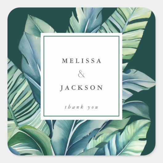 ワイルドでトロピカルな葉 エキゾチックな葉緑 スクエアシール (正面)