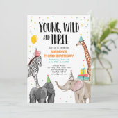 ワイルドでヤング、3歳のサファリパーティー動物たち 招待状 (スタンド正面)
