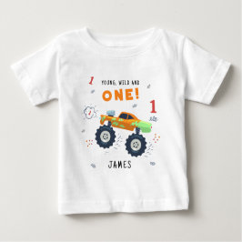 ワイルドでヤンチャで1歳の誕生日 子供 モンスターカー ベビーTシャツ