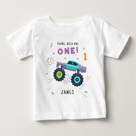 ワイルドでヤンチャで1歳の誕生日 子供 モンスターカー ベビーTシャツ (正面)