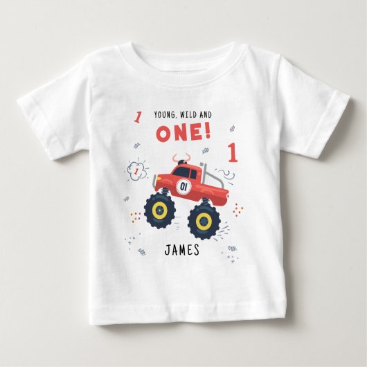 ワイルドでヤンチャなお誕生日 1歳の子供向けモンスターカー ベビーTシャツ (正面)