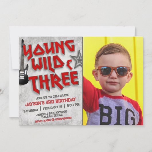 ワイルドでロックな3歳の誕生日写真招待状 招待状 (正面)