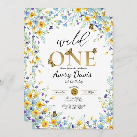 ワイルドで自由な子供のためのワイルドフラワーと蝶の招待状 招待状 (正面/裏面)