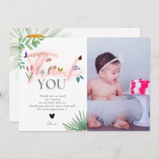 ワイルドとオンダーフル、ワイルドフラワー、ピンクの写真 サンキューカード (正面/裏面)