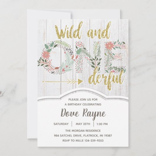 ワイルドとオンダーフル、最初の誕生日、女の子、フローラ 招待状 (正面)