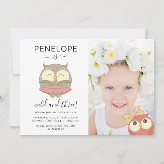 ワイルドと3つの可愛いフクロウの写真の誕生日パーティー 招待状 (正面)