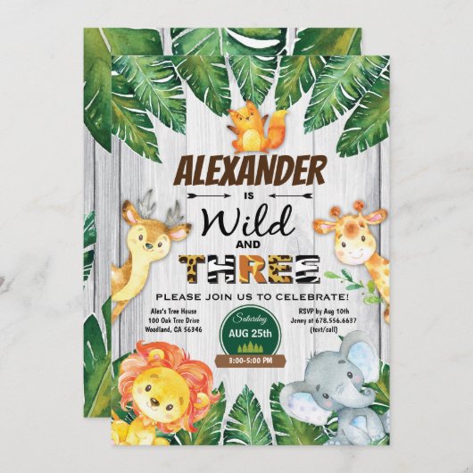 ワイルドと3歳の誕生日の招待サファリ 招待状 (正面/裏面)