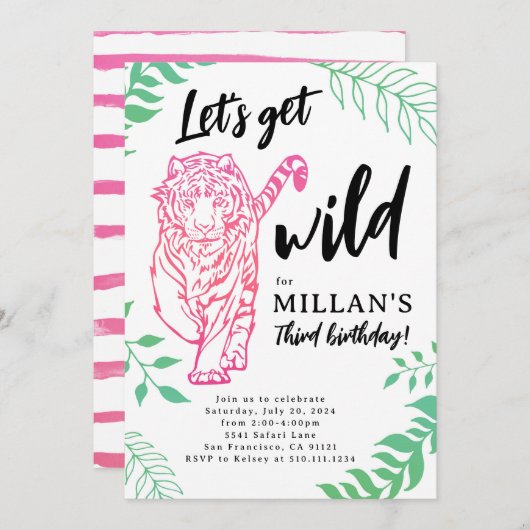 ワイルドなタイガー誕生日パーティーへようこそ 招待状 (正面/裏面)