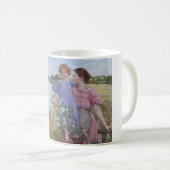 ワイルドなバラに囲まれた川の母と子 コーヒーマグカップ (正面右)