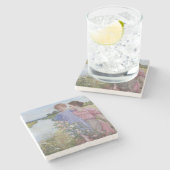 ワイルドなバラに囲まれた川の母と子 ストーンコースター (横)