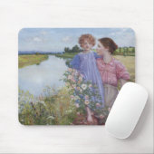 ワイルドなバラに囲まれた川の母と子 マウスパッド (マウス)