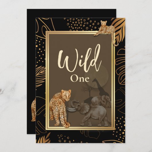 ワイルドなヒョウ柄ゴールドシャワー ブラックの招待状 招待状 (正面/裏面)