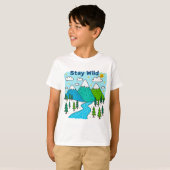 ワイルドな山と川の子供の絵デザイン Tシャツ (正面フル)