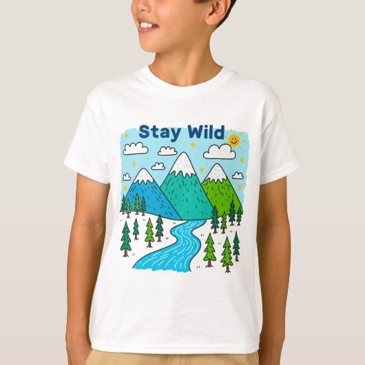 ワイルドな山と川の子供の絵デザイン Tシャツ (正面)
