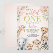 ワイルドな花のサファリガール 1歳の誕生日 招待状 (正面/裏面)