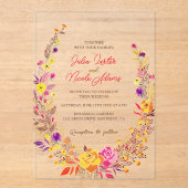 ワイルドな花輪 美しい秋の花 簡素なウェディング アクリル招待状 (正面)