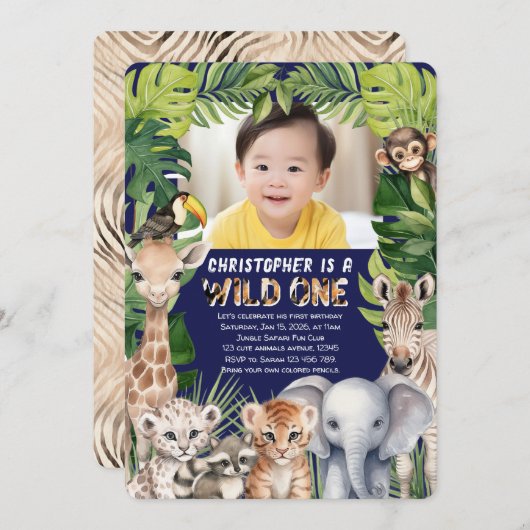 ワイルドな1つ、ネイビーサファリの最初の誕生日の写真 招待状 (正面/裏面)