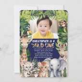 ワイルドな1つ、ネイビーサファリの最初の誕生日の写真 招待状 (正面)