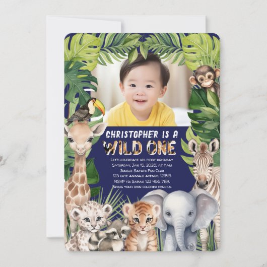 ワイルドな1つ、ネイビーサファリの最初の誕生日の写真 招待状 (正面)